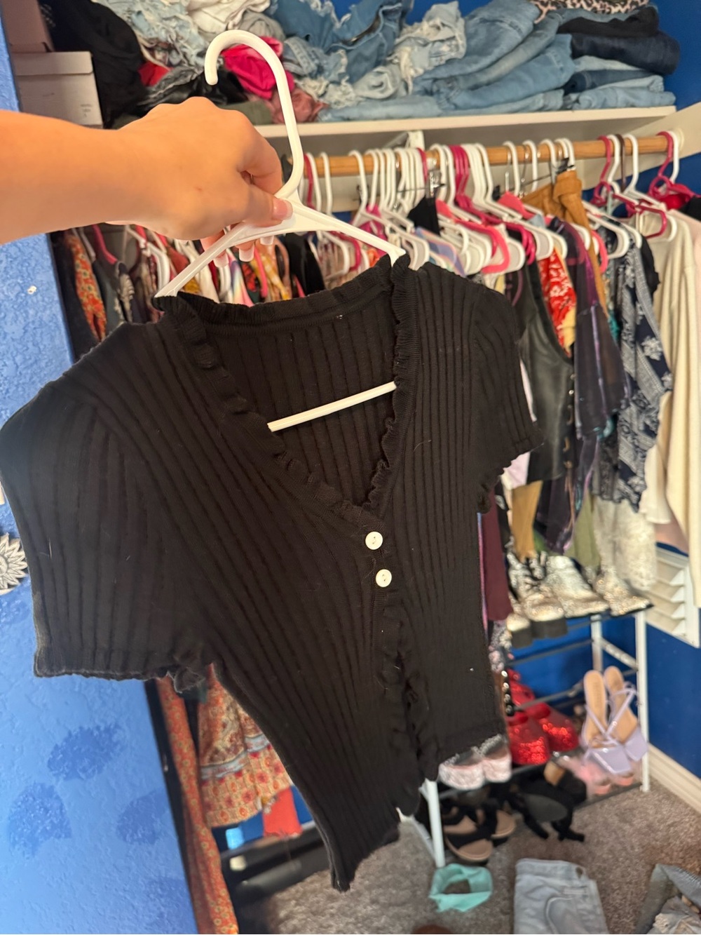 Black Ribbed V-Neck Button Front Women's Top